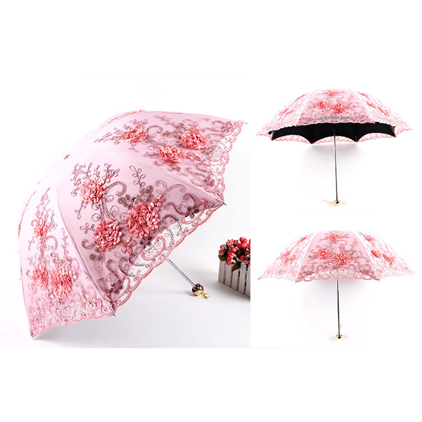 SDFGTstore Double Layer Embroidered Lace Umbrella Three Folding Anti-uv Windproof