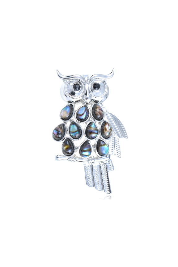 Silver Tone Abalone Shell Feather Chest Wings Owl Black Rhinestone Pin Brooch