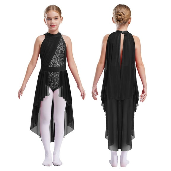 Sholeno Kids Girls Modern Lyrical Dance Dress Floral Lace Contemporary Dance Dress Skirt Ballet Leotard Black 10