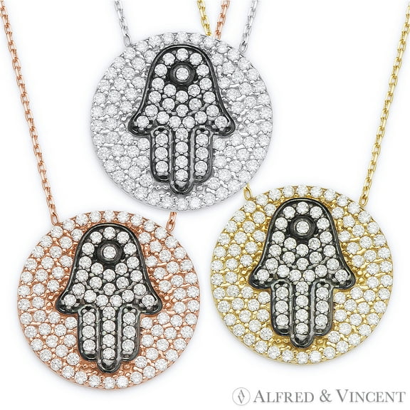 Hamsa Hand & Circle Pendant w/ CZ Crystals & Chain Necklace in .925 Sterling Silver