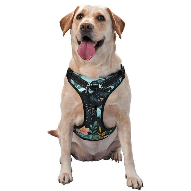 Wukai Black Panther Floral Illustration Print Pet Harness, Pet Leash Vest - Adjustable Buckle, Reflective Design, Pet Accessories Suitable for Small, Medium and Large Dogs-Medium