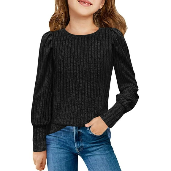 AINIYS Kids Casual Loose Puff Long Sleeve Pullover Round Neck Basic Tees Sweater Children Fashion Clothes Solid Color Vintage Fall and Winter Sweater 7-8 Years Girls Warm Knitting Tops for 2025