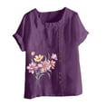 thumbnail image 4 of ALLLIST Going Out Tops for Women Purple Crew Neck Button Floral Short Sleeve Printed T-Shirts Spring Blouses M, 4 of 5