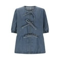 thumbnail image 4 of Women's Bow Tie Front Denim Shirt Puff Short Sleeve Crewneck Ruffle Hem Peplum Blouse Cute Y2K Jean Shirts, 4 of 7