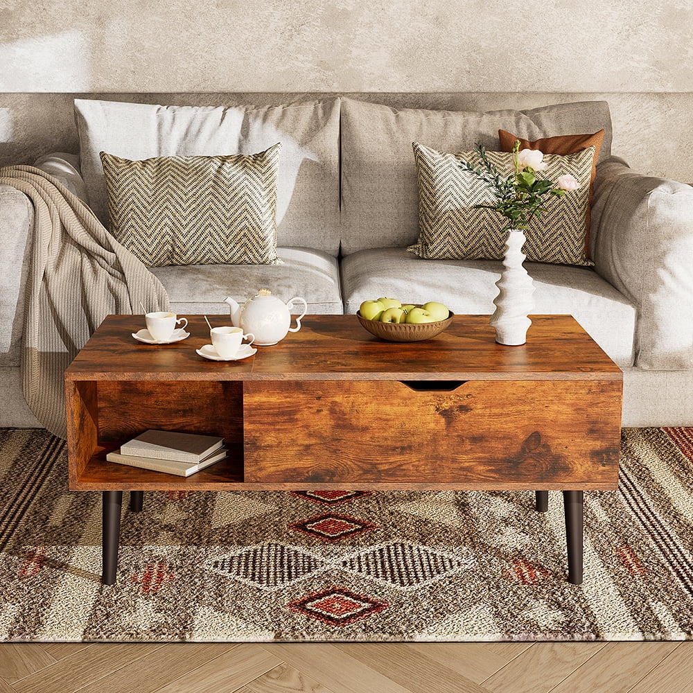 Gianna 39.4"Lx19.6"Wx17.4"H Wood Lift Top Coffee Table with Hidden Compartment and Adjustable Storage Shelf