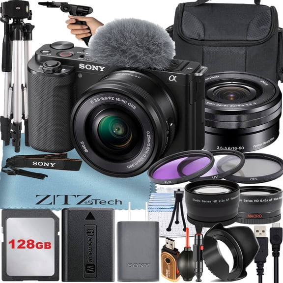 Sony Alpha ZV-E10 Mirrorless Vlog Camera with 16-50mm Lens   128GB Memory Card   Filter Kit   Tripod   Case   ZeeTech Accessory Bundle (Black) International Version