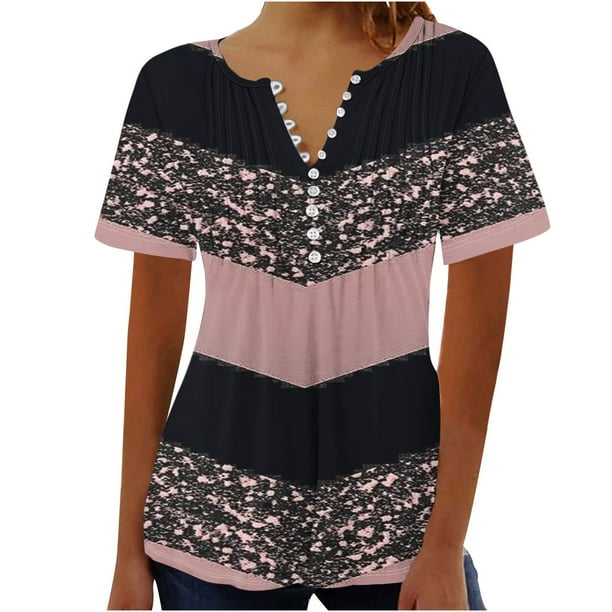 Tops de Algodón para las Mujeres Impreso en V-Cuello Botón Arriba Manga Corta Superior, Imitación Algodón Casual Blusa
