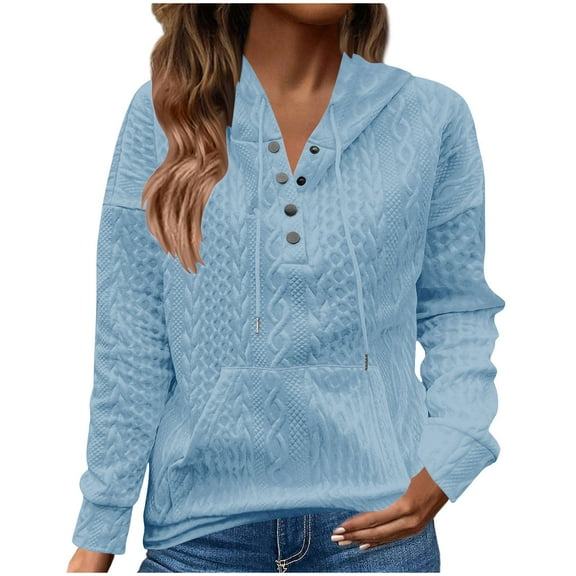 ZUKMRJPC Women's Pullover Hoodies Half Button Down Casual Long Sleeve Knit Textured Drawstring Hooded Sweatshirt with Kangaroo Pocket