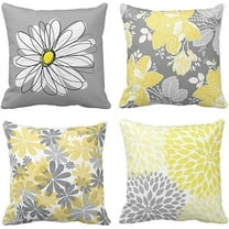 Set of 4 Throw Pillow Covers Gray and Yellow Modern Daisy with Pretty White Floral Hand Couch Sofa Decorative Pillow Cases Cushion Home Decor Square 16x16 Inches Pillowcases