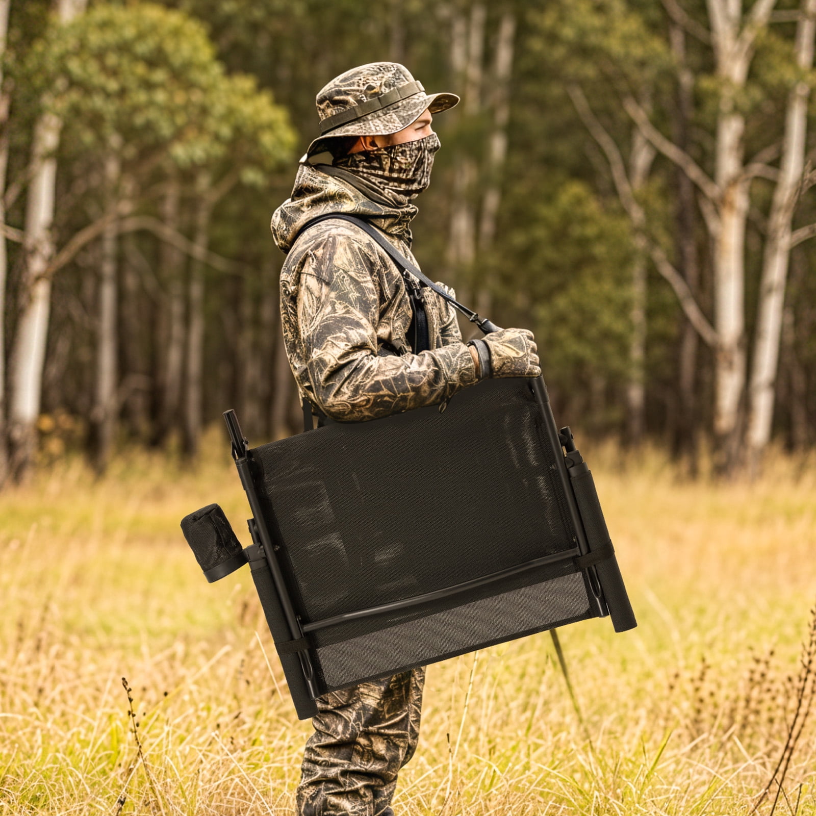 Bezliving 360° Silent Camo Hunting Blind Chair, Armrests, Side Pouch, Telescopic Legs