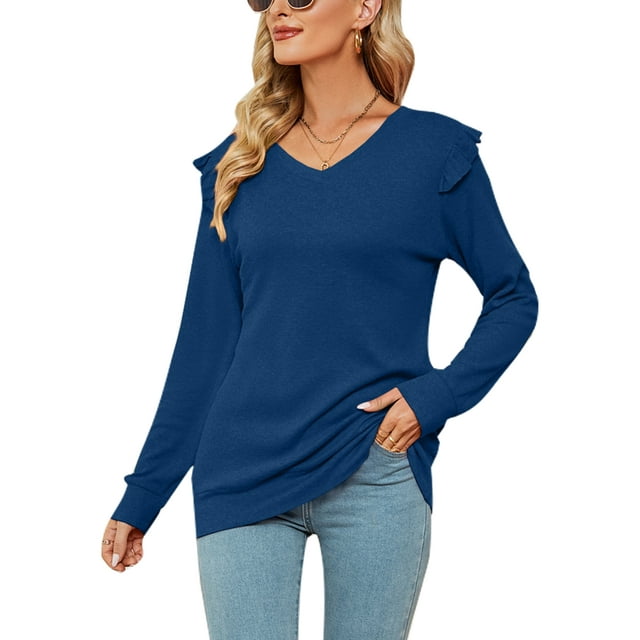 MAWCLOS Femmes Ample V Cou Tee Loungewear Couleur Unie Tunique Blouse Bleu L