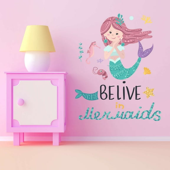 Belive In Mermaids Mermaid Vibes Seahorse Sea Shells Statfish Princess Fish Starfish Queen Sweet Dreams Bedtime Unicorn Lovely Dear Dream Decorating Wall Decal Sticker - Size: 16 In X 20 In