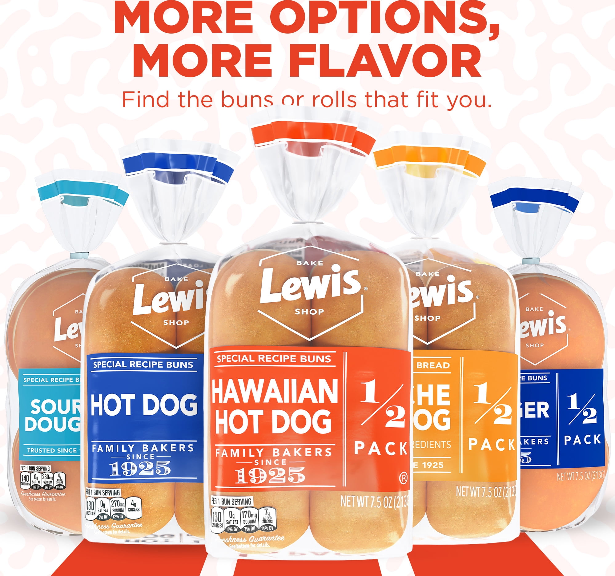 Lewis Bake Shop Hawaiian Half Pack Hot Dog Buns, 7.5 oz, 4 Count