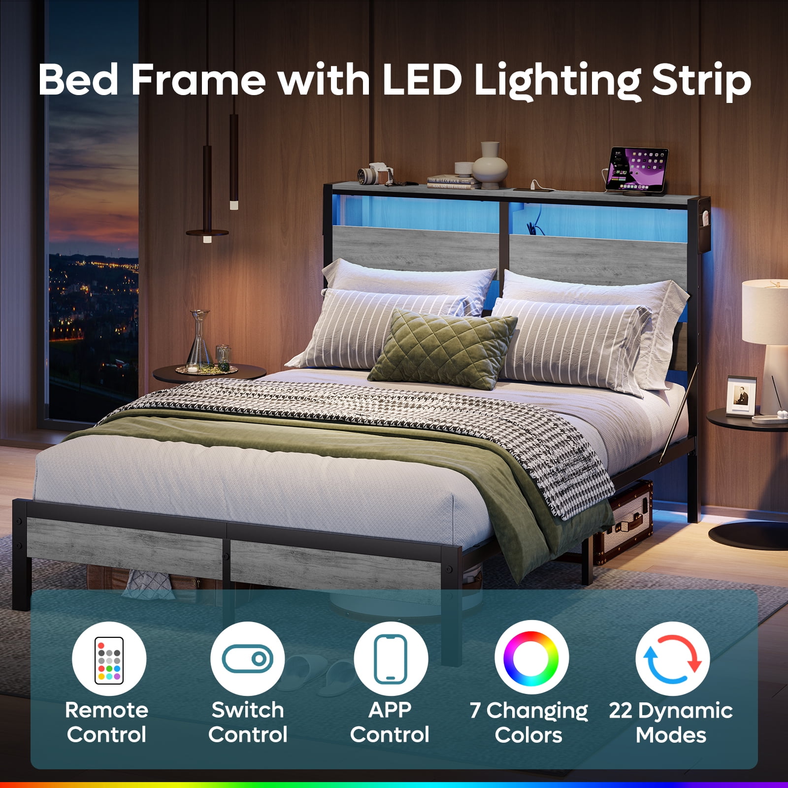 Bestier Queen Size Platform Bed Frame with Storage Headboard, LED Lights & USB Charging Station, Metal Bed Frame Grey