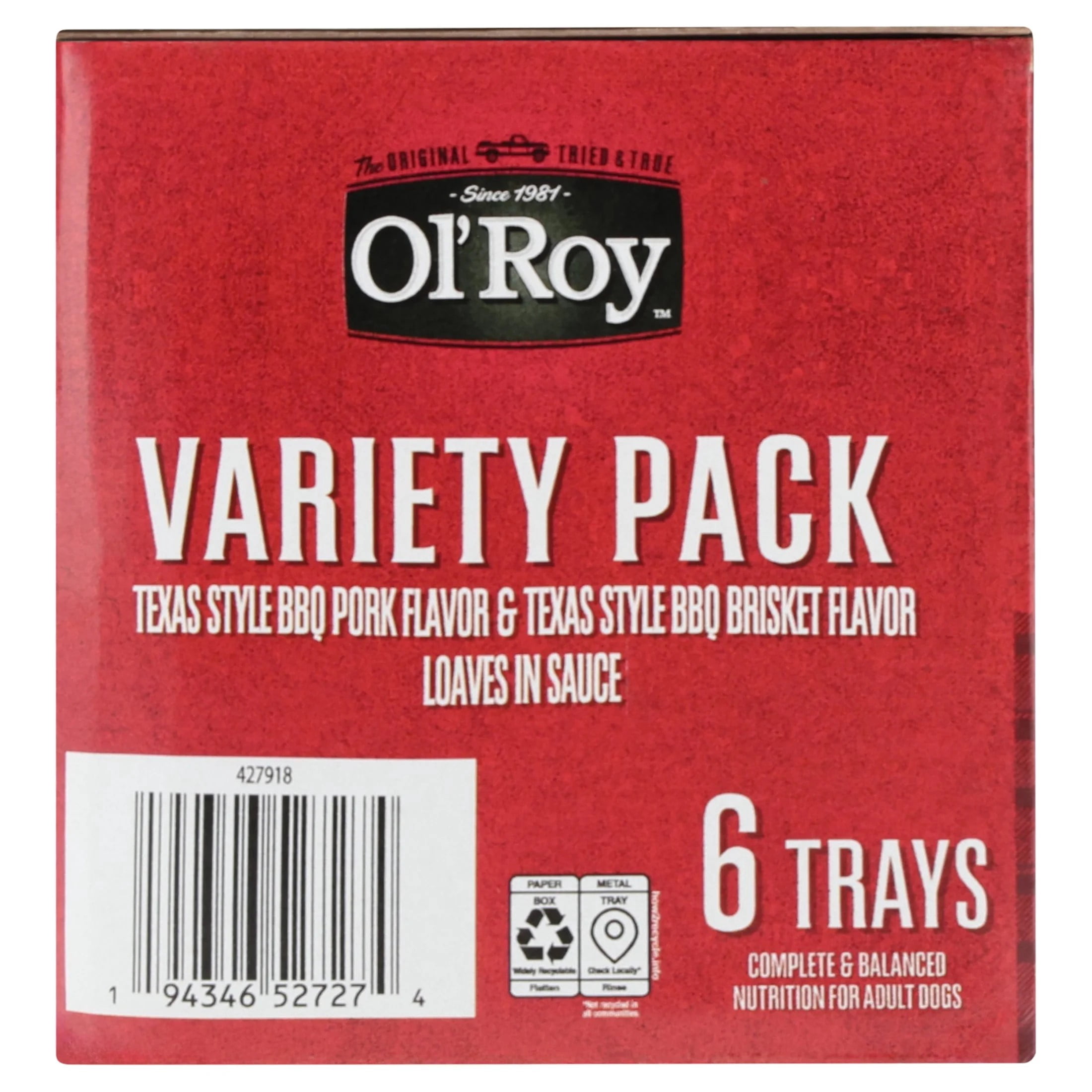 (4 pack) Ol' Roy Texas Style BBQ Brisket Flavor and BBQ Pork Flavor Grain-Free Wet Dog Food Variety Pack, 10.5 oz Cups, 6 Pack