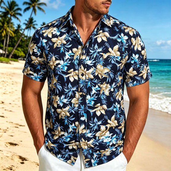 Shirts for Men Tropical Print Summer with Relaxed Fit Lightweight Casual Short Sleeve Button Down Collar Dark Blue Shirt