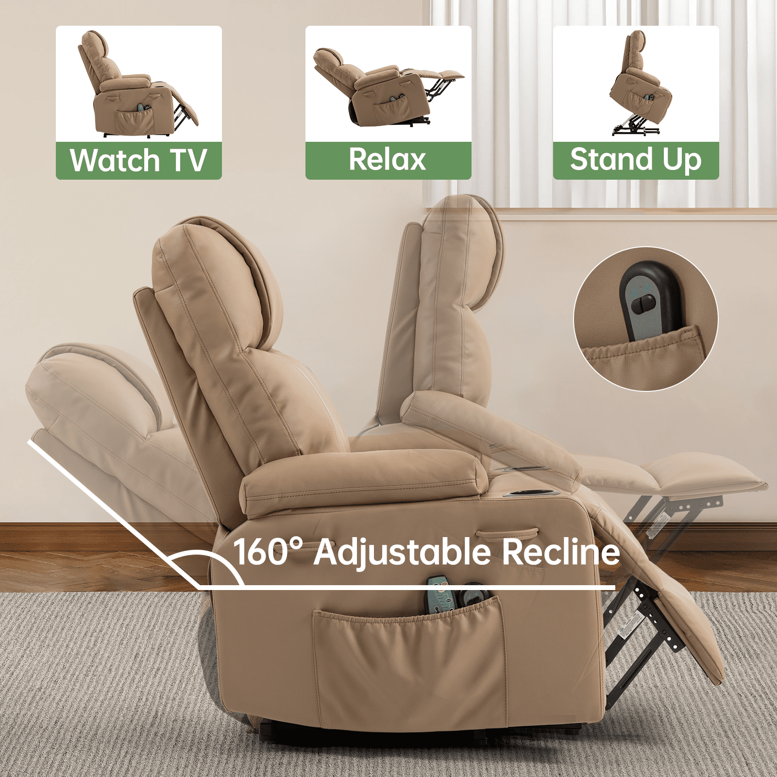 Power Lift Recliner Chair for Elderly with Heat & Massage, 160° Electric Adjustable PU Leather Recliner Sofa with Remote Control, Stand Assist, Cup Holder & Side Pockets for Living Room (Brown)