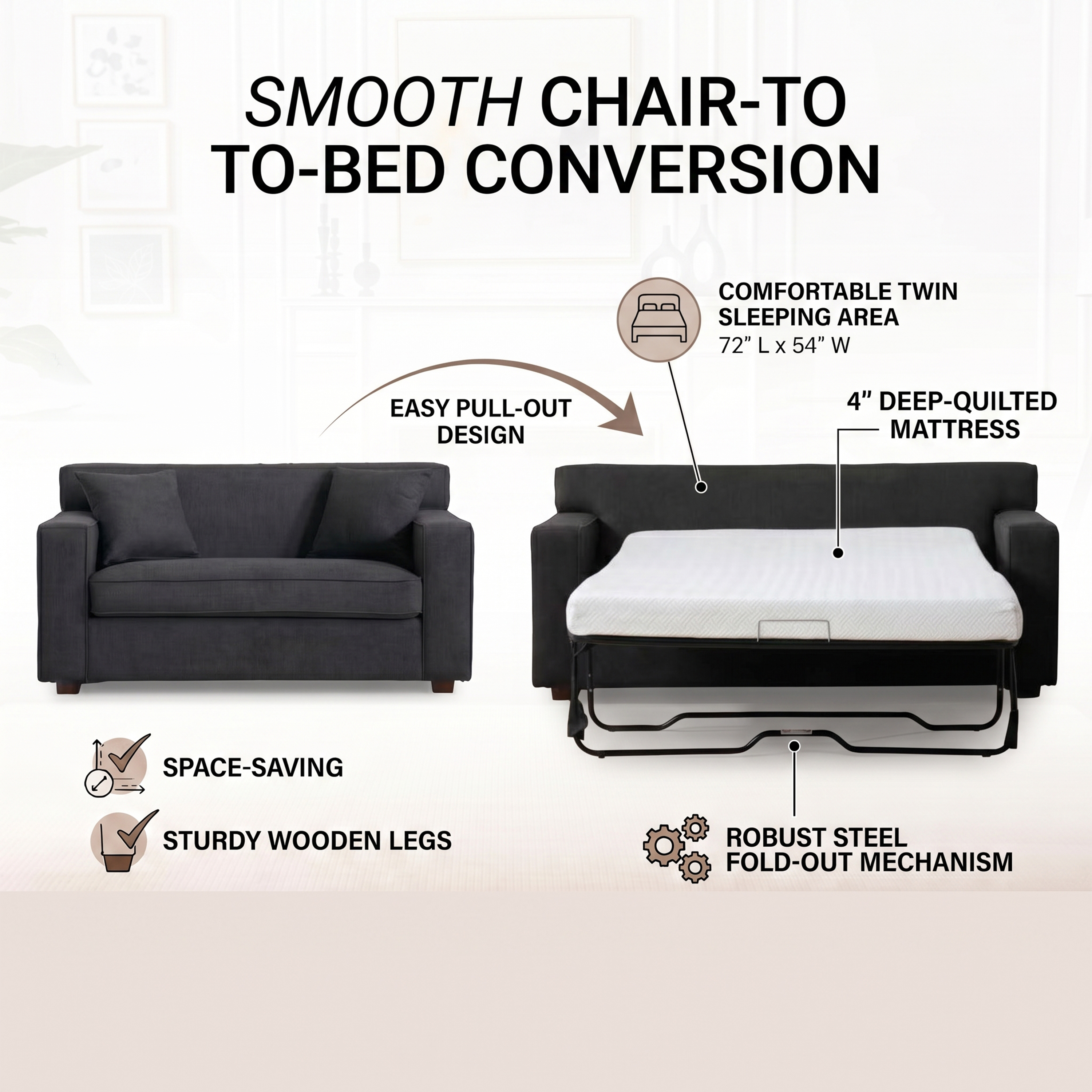 60" Modern Sleeper Chair Bed with Pull Out Twin Mattress & Pillows, Gray