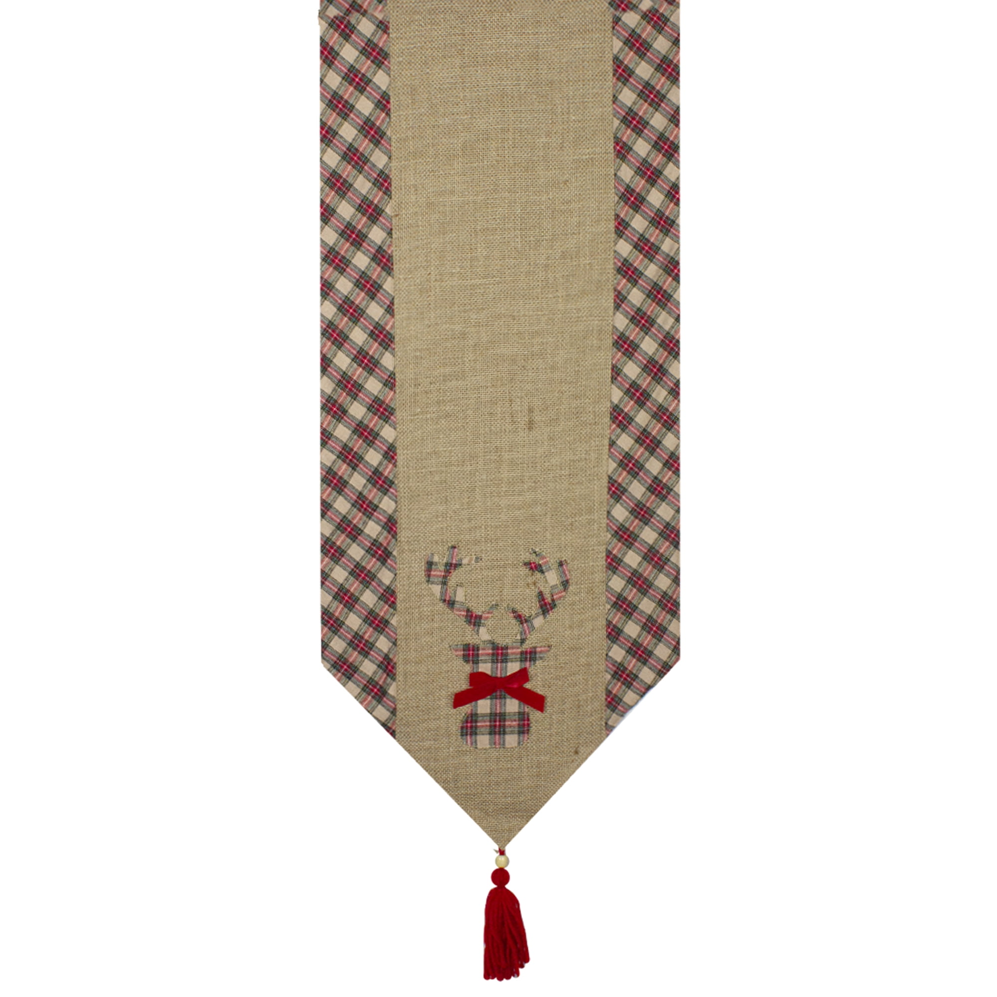 Northlight Burlap and Plaid Reindeer with Bow Christmas Table Runner - 36" - Red and Brown