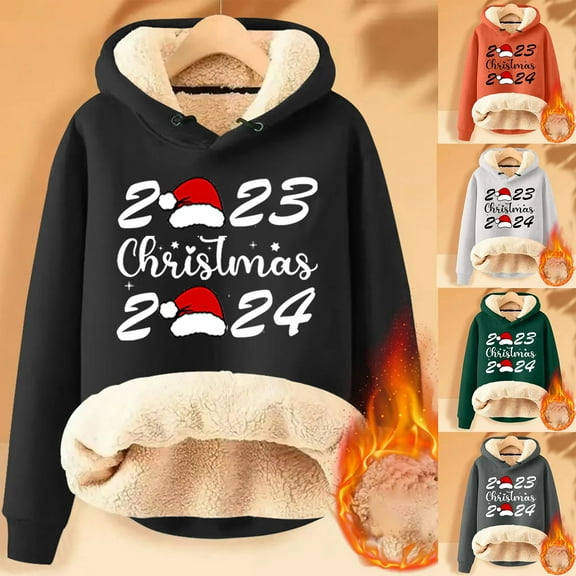 YANHAIGONG Christmas Hooded Sweatshirt for Women Fleece Sweatshirt Women Christmas Winter Warm Plush Christmas 2024 Letter Print Happy New Year 2024 Long Sleeve Tops Hooded Sweatshirt