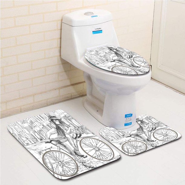 ABPHQTO Bicicleta escandalosa señorita masticando chicle en su bicicleta en la calle incompletos Juego de alfombras de baño de 3 piezas Alfombra de baño Alfombra de contorno y tapa de inodoro