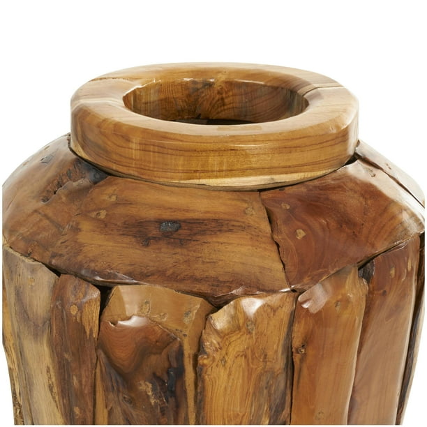 DecMode 32" Handmade Tall Floor Brown Teak Wood Vase with Mosaic Live Edge Pieces