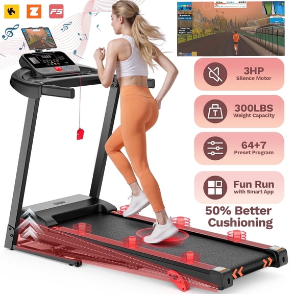 3HP Folding Treadmill with Incline for Home, 300LBS Capacity Portable Treadmill, Free Training Classes with APP, 64 3 3 1 Program, Air damping System, 7.5MPH Jogging Walking Exercise Machine