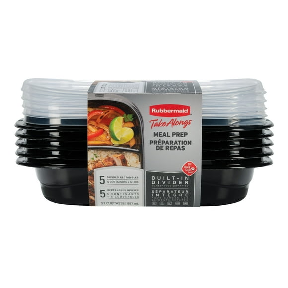 Rubbermaid TakeAlongs Divided Meal Prep Containers, 887 mL (3.7 Cup), Black, 5 Pack