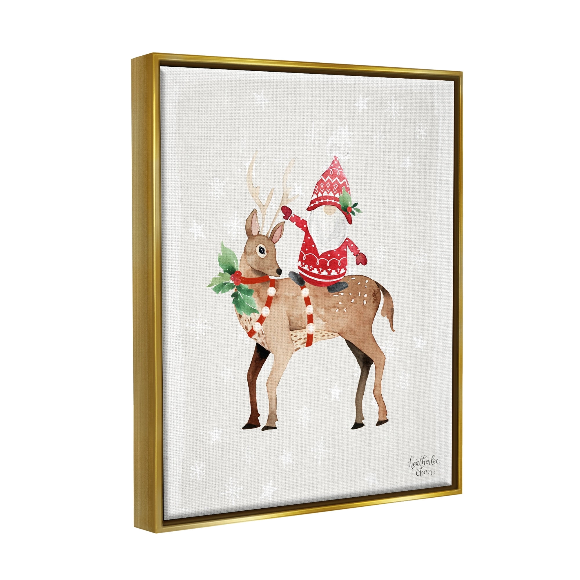 Stupell Industries Santa Claus Gnome Reindeer Holiday Patterned Stars Painting Metallic Gold Floating Framed Canvas Print Wall Art, Design by Heatherlee Chan
