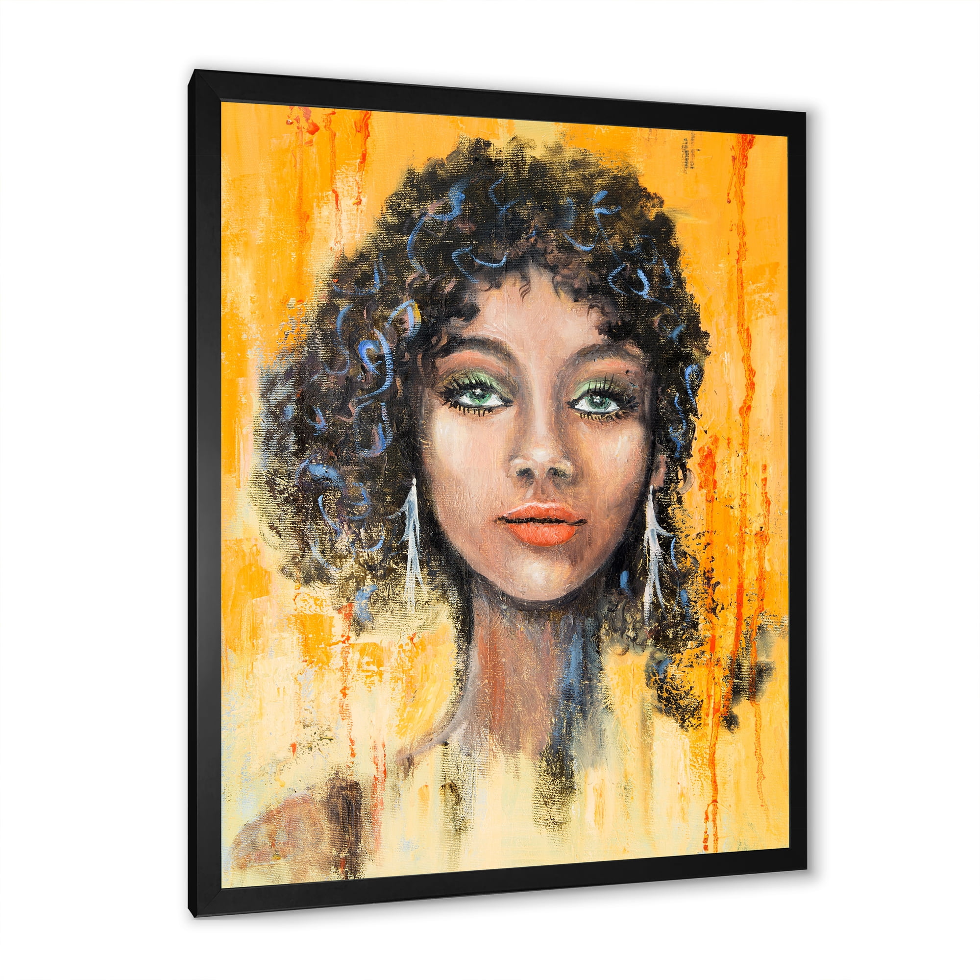 Designart 'Girl Face With Green Eyes & Black Hair Impression' Modern Framed Art Print