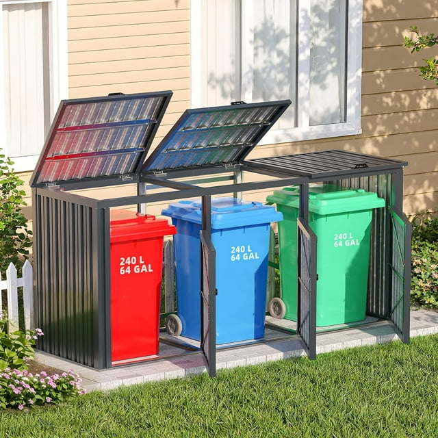 YODOLLA 7.7' x 2.6' Garbage Bin Storage Shed for 3 Trash Cans, featuring a durable grey steel frame with weatherproof construction. The shed includes three compartments, each holding a 240L bin in red, blue, and green. It has hinged front doors and lift-up lids for convenient access, set on a patio near a house.