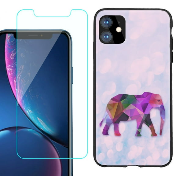 For Apple iPhone 11 Phone Case , Slim-Fit TPU Protective Case (Black), with Tempered Glass Screen Protector, by OneToughShield ® - Elephant /Polygon
