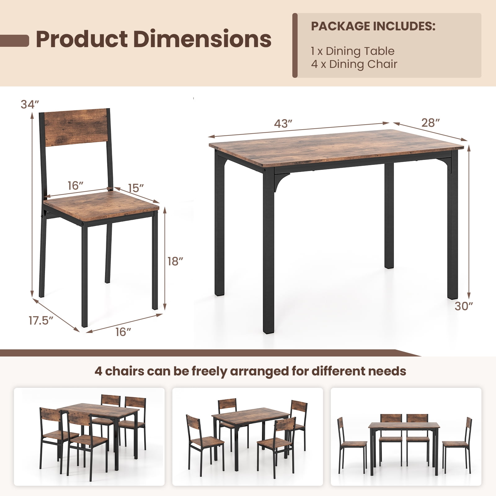 Costway 5-Piece Industrial Style Metal Dining Table Set with Kitchen Table and Chairs, Brown