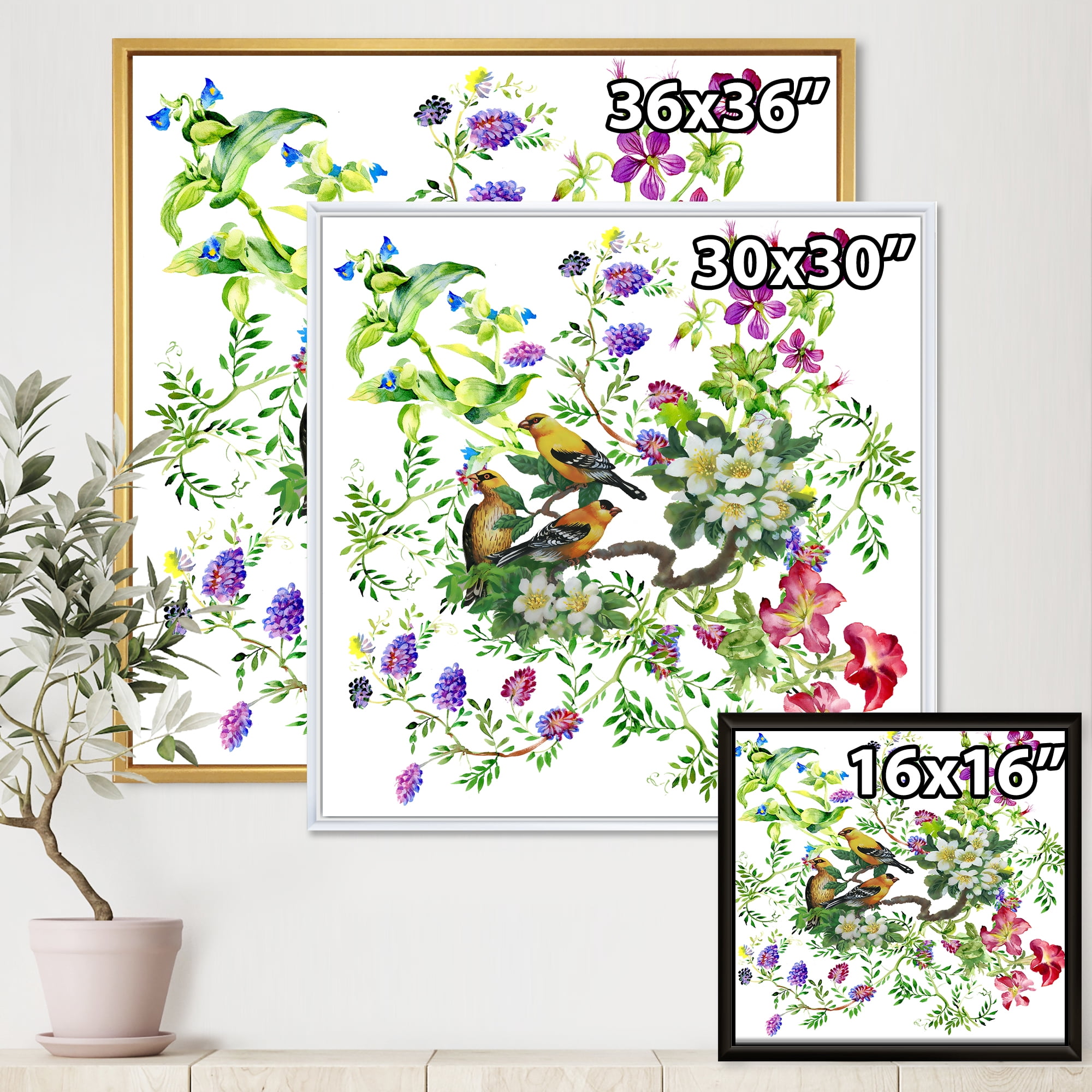 Designart 'Tropical Birds Sitting On Blooming Tree' Traditional Framed Canvas Wall Art Print