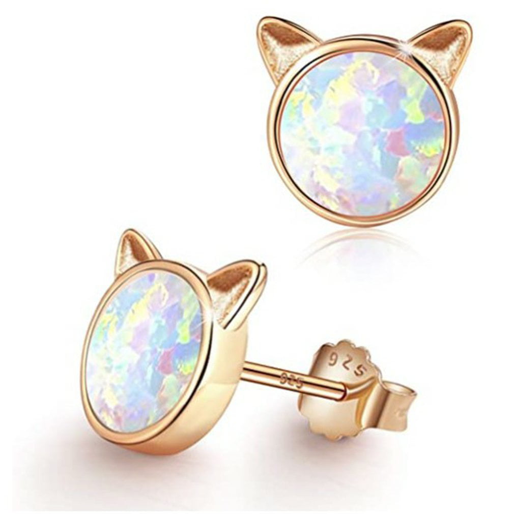 Girls Cat Stud Earrings Sterling Silver Hypoallergenic Earrings 18k Rose Gold/White Gold Dipped Create White Opal Studs Earring for Women 