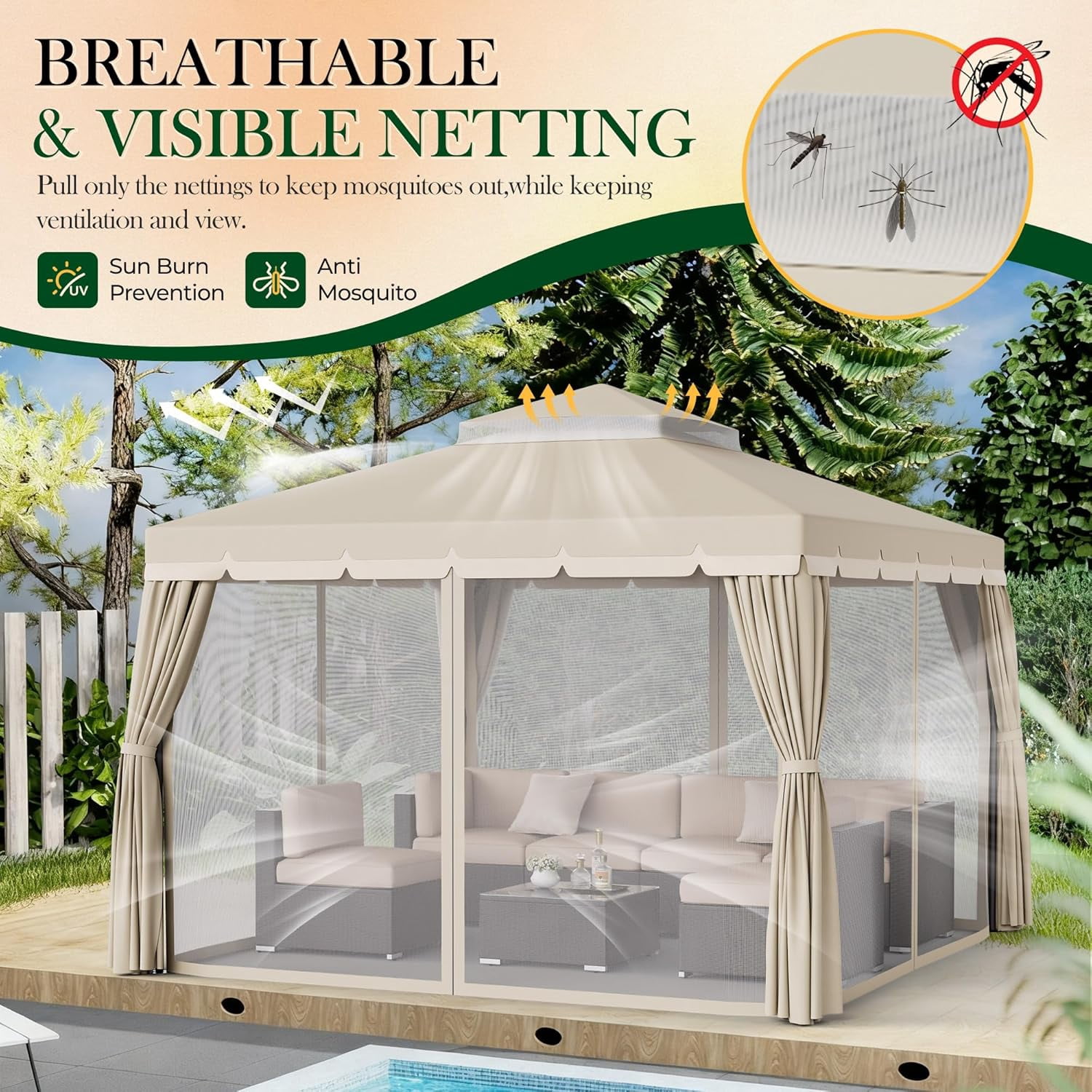 SOLAURA 10 x 10 ft Outdoor Patio Gazebo, Patio Canopy Shelter with Vented Soft Top, Breathable Mosquito Netting & Privacy Curtains, Beige