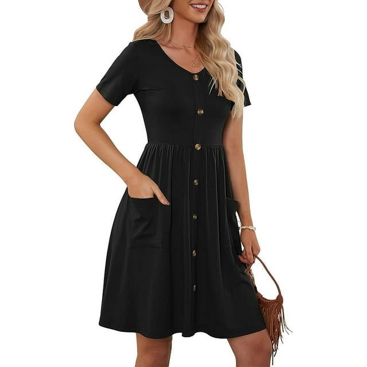 Women's Summer Dresses Casual Short Sleeve Dresses Loose Button Elastic Waist Dress with Pockets