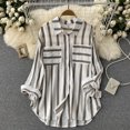 thumbnail image 2 of IROINNID Plus Size Shirts for Women Leisure Summer Mid-length Vertical Striped Multi-colored Shirt,Khaki, 2 of 6