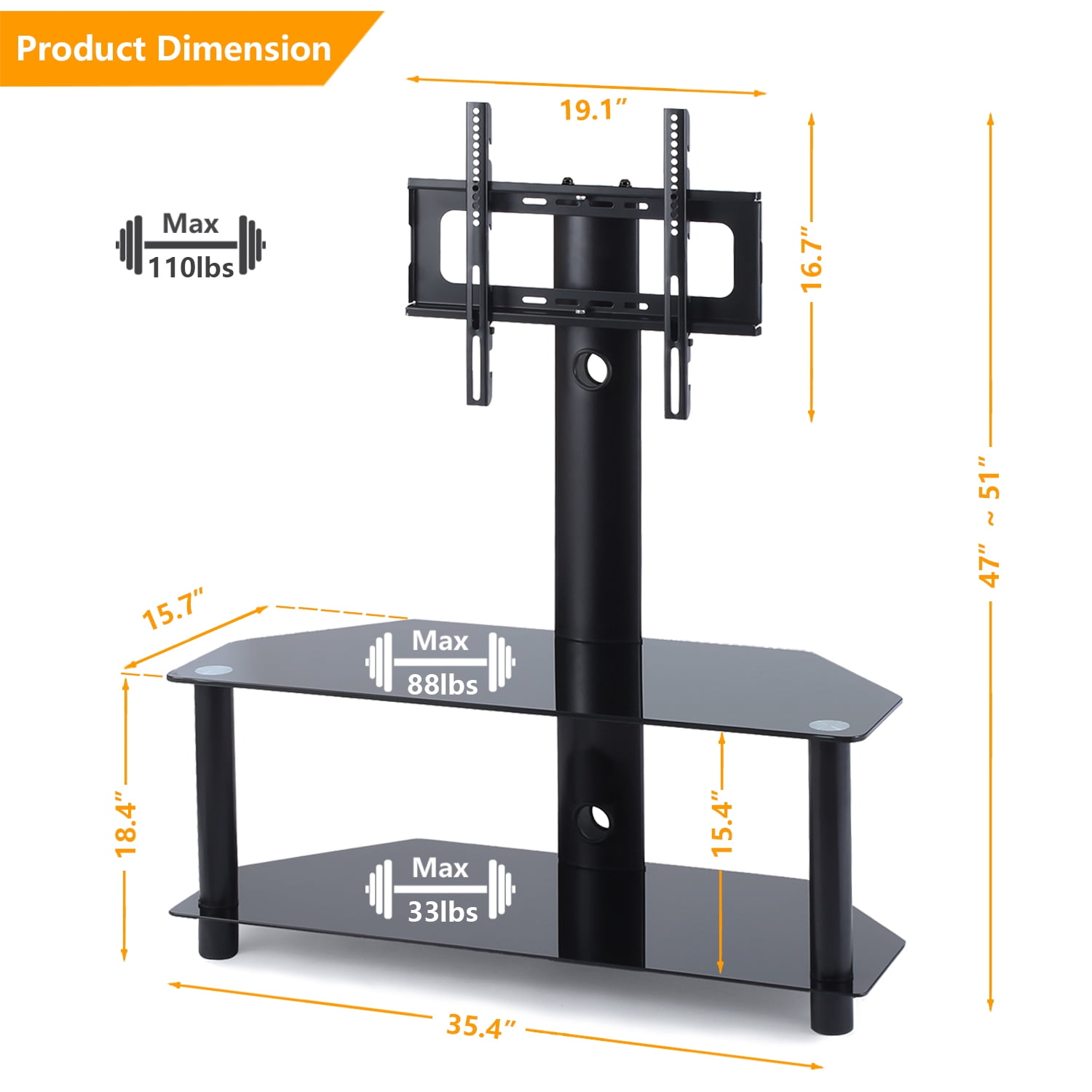 Rfiver 2 Shelf Black Swivel Mount Floor Tv Stand For 32 To 55 Inch Lcd Led Qled Plasma Tvs Flat Or Curved Tw1001