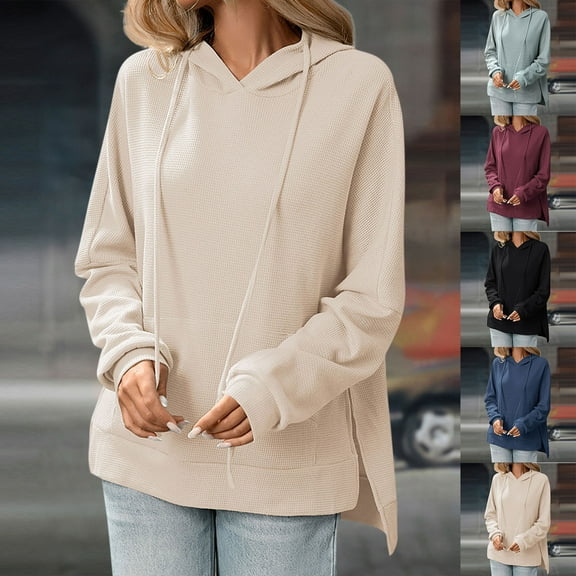 BiZtdJrK Waffle Knit Hoodie for Women Side Split Long Sleeve Solid Casual Sweatshirt Drawstring Loose Hooded Shirts with Pocket Black S