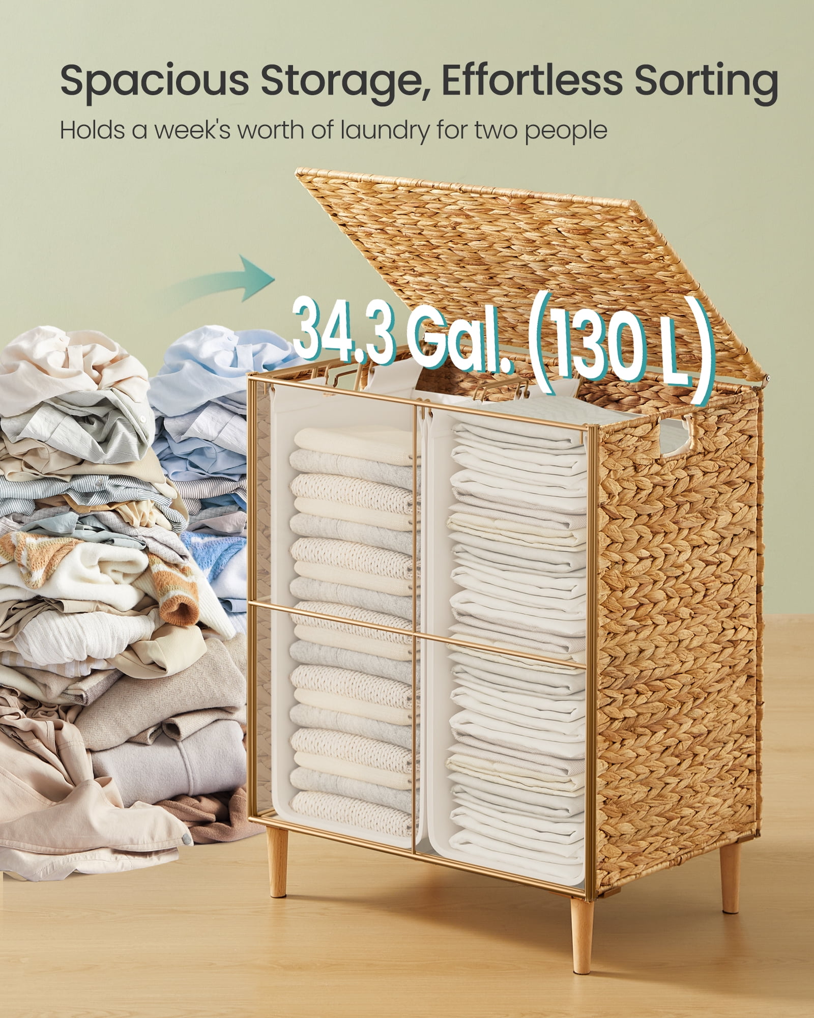 SONGMICS Laundry Hamper 2 Sections, 34.3 Gal. (130 L) Handwoven Water Hyacinth Wicker, with Lid, Removable Washable Liners, Handles, Natural