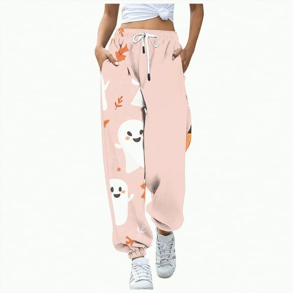 CAUYDY Women's Halloween Graphic Print Elastic Waist Sweatpants Gothic Punk Casual Long Pant Joggers(Pink,L)