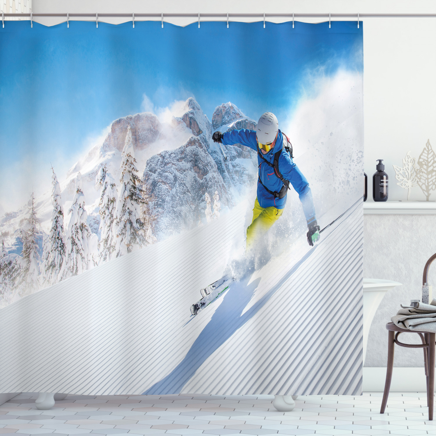 Ambesonne Winter Shower Curtain, Skiing Extreme Sports, 69"Wx75"L, Blue