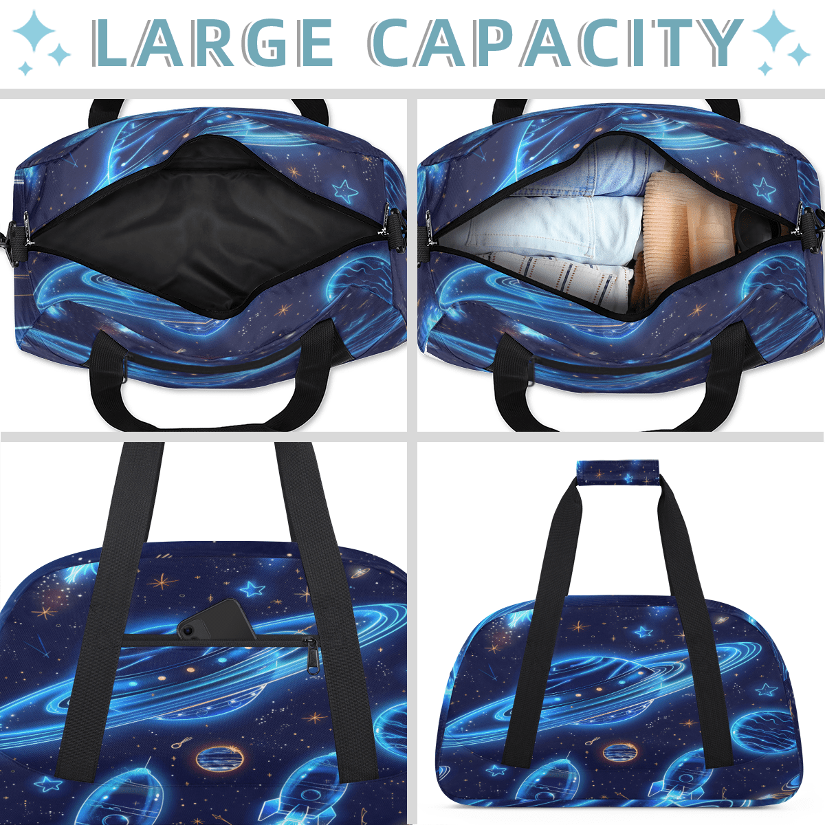 Herdesigns Solar System Sports Duffle Bag for Women & Men, Planets Universe Gym Bag Dance Bag Overnight Bag Carry On Weekender Travel Bag
