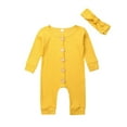 thumbnail image 1 of Baby Solid Romper Knitted Rib Long Sleeve Trousers Button Jumpsuit Headband, 1 of 7