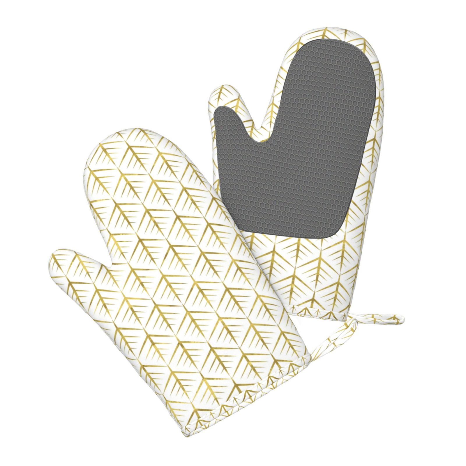 Hirioo White And Gold Geometry for Silicone Oven Mitts for BBQ, Baking, Cooking, Set of 2, Heat Resistant 260℃, Non-Slip Kitchen Essentials