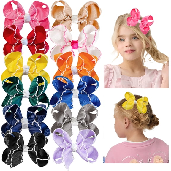 JoyBowie 12-Pack 4.5 Inch Ruffle Edge Hair Bows Grosgrain Ribbon Alligator Clips Assorted Colors