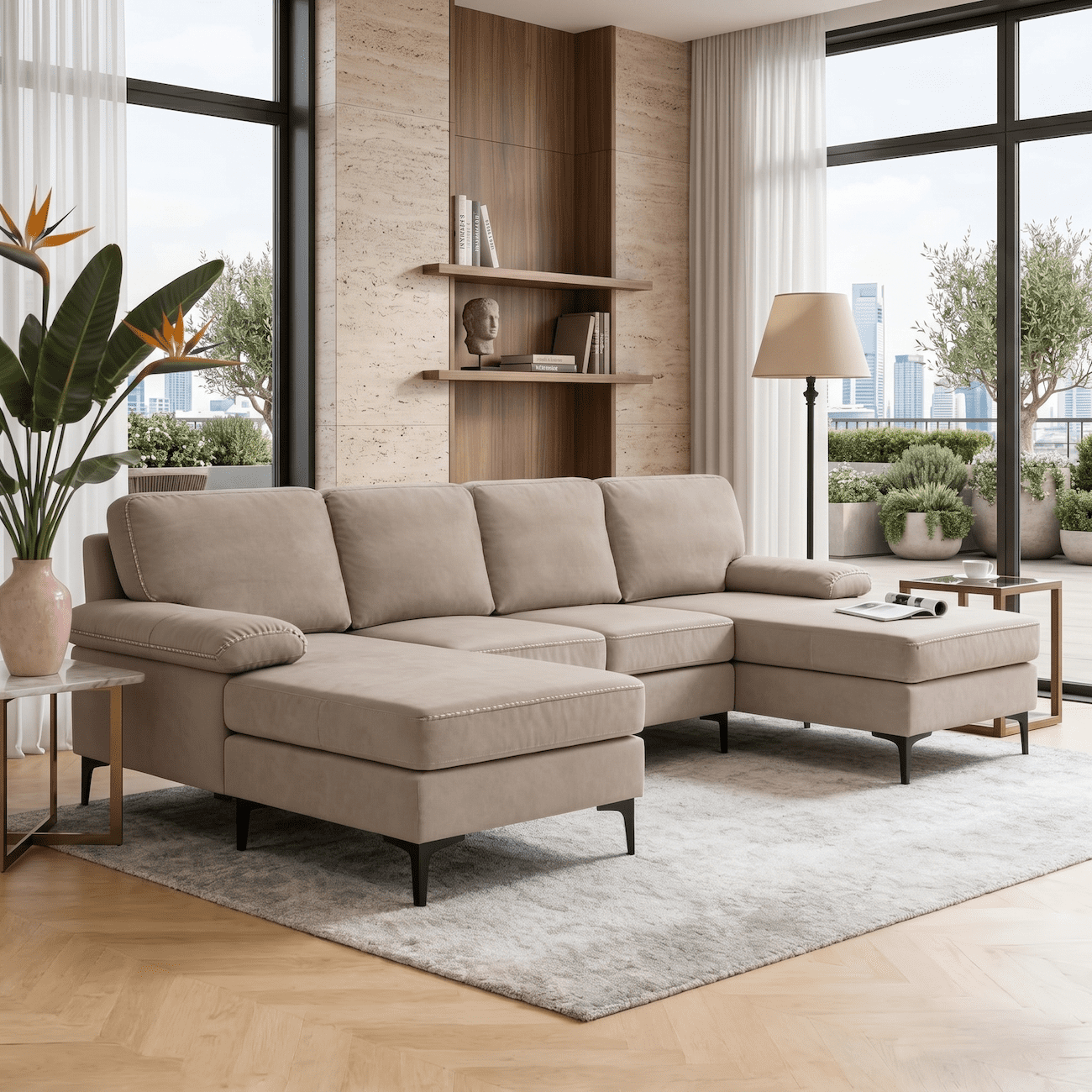 106" Cloud Sectional Sofa, U Shaped Sectional Couch with Double Chaise Lounge, Large 4 Seat Modular Sofa, Deep Seat Upholstered Fabric Couch with Pillow Top Arms, Modern Living Room Furniture, Khaki