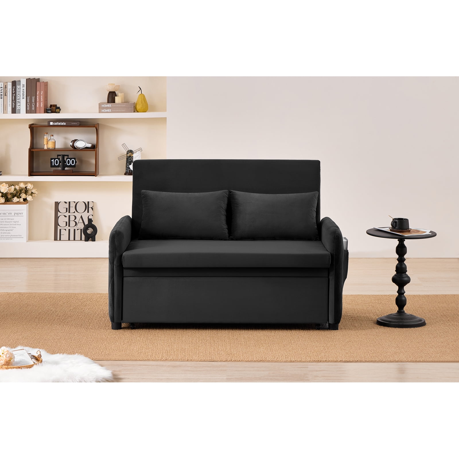 Leumius 3 in 1 Convertible Sleeper Sofa Bed, Modern Convertible Sofa Bed with 5-Position Adjustable Backrest,Velvet Pull Out Couch with Pull Out Bed for Living Room Furniture,Black