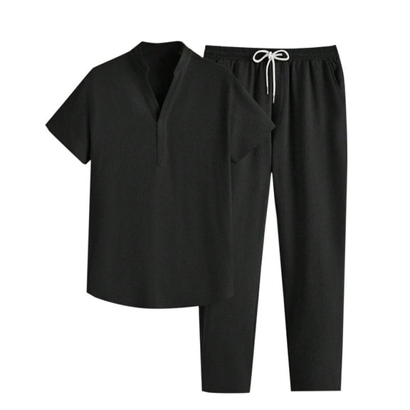 USNSM Men's Short Sleeve Outfits Solid Color Henley Shirt and Pants Set Casual 2 Pieces Summer Tracksuits with Pockets Black XXXL